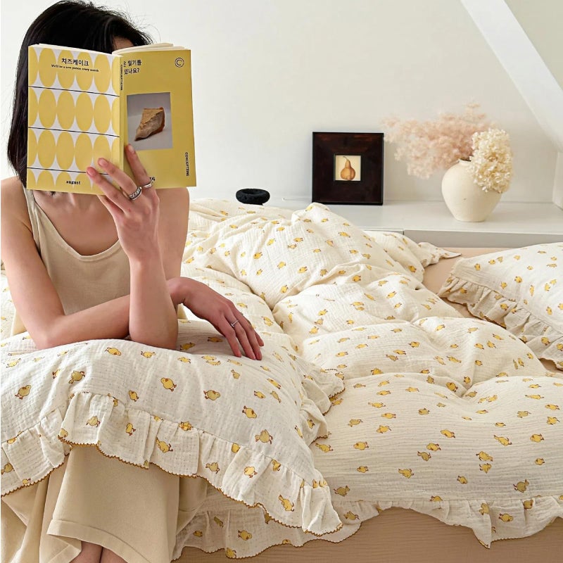 BuLuTu Cute Yellow Duck Print Duvet Cover Twin for Kids Toddler Girls Boys 100% Cotton Muslin Quilt Cover Twin  68""x86""  Ruffled Bedding Soft Breathable  Zipper Closure  No Pillowcase - Image 1